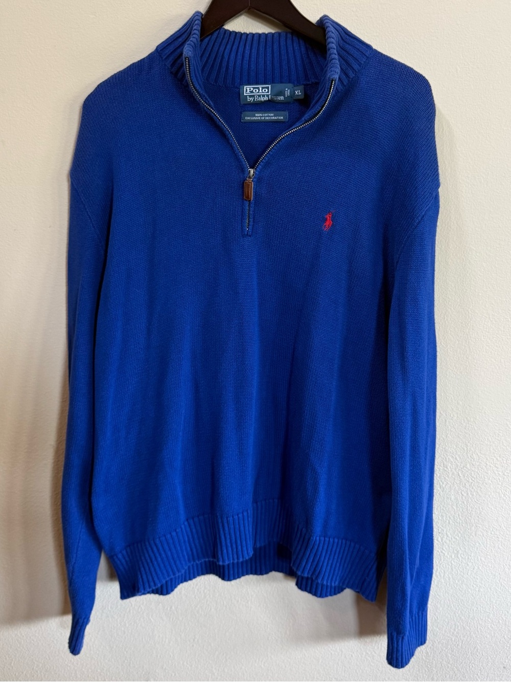 Ralph Lauren Men's Electric Blue Quarter-Zip Sweater with Red Pony